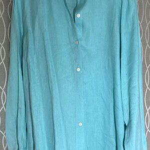 J. Jill Love Linen Large Tall linen button up blouse aqua blue coastal